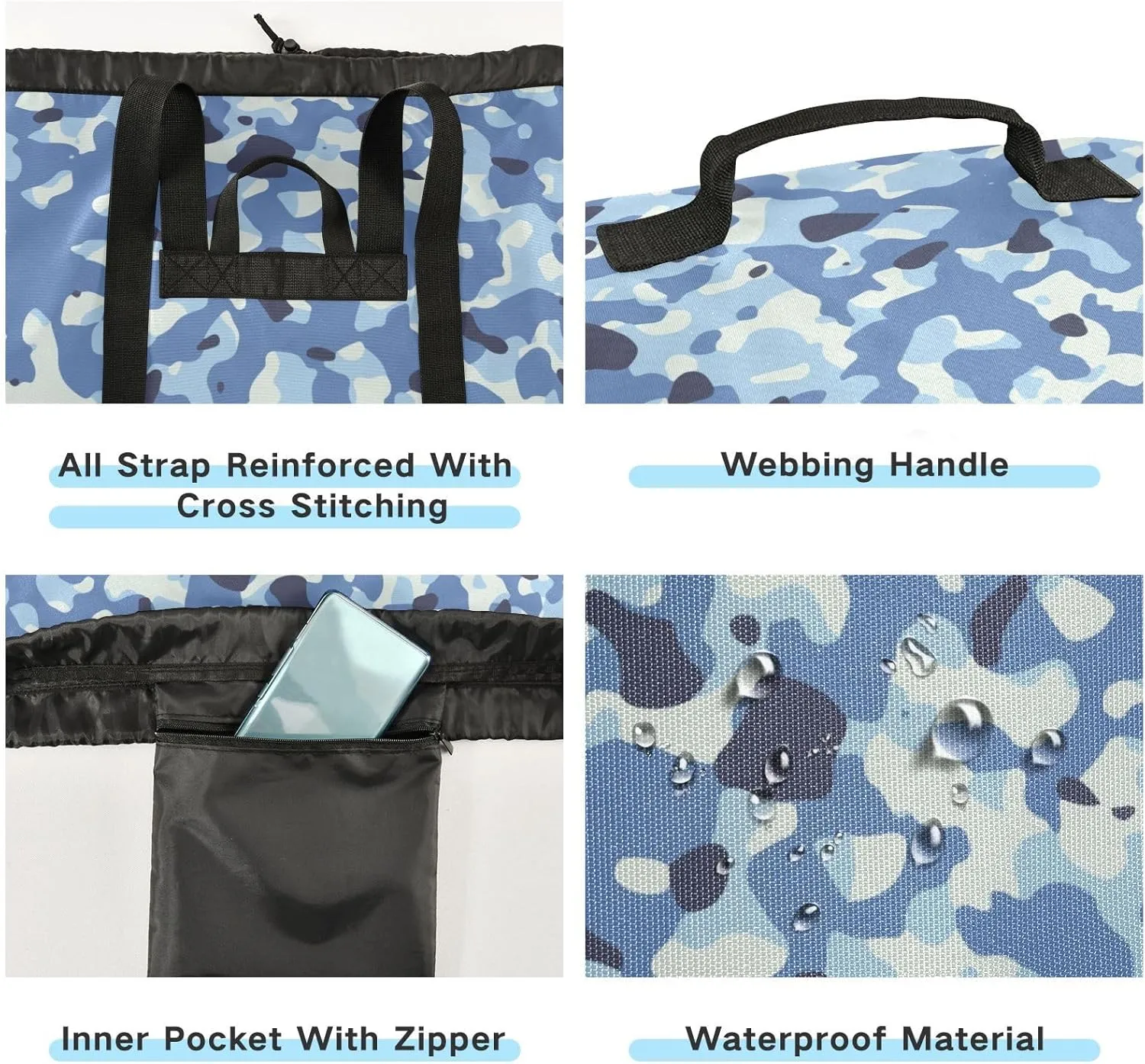 Laundry Backpack with Shoulder Straps Drawstring Laundry Bags Extra Large Heavy Duty for College Dorm Travel Laundromat Apartment Camping Blue Camo