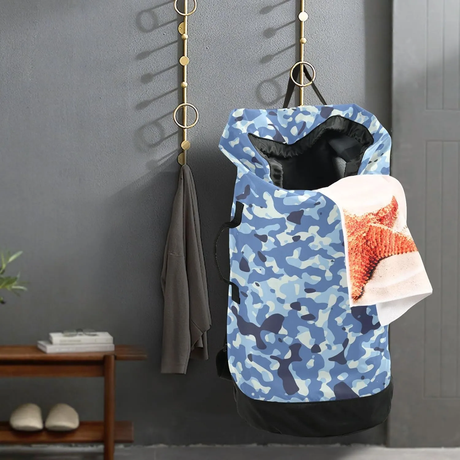 Laundry Backpack with Shoulder Straps Drawstring Laundry Bags Extra Large Heavy Duty for College Dorm Travel Laundromat Apartment Camping Blue Camo