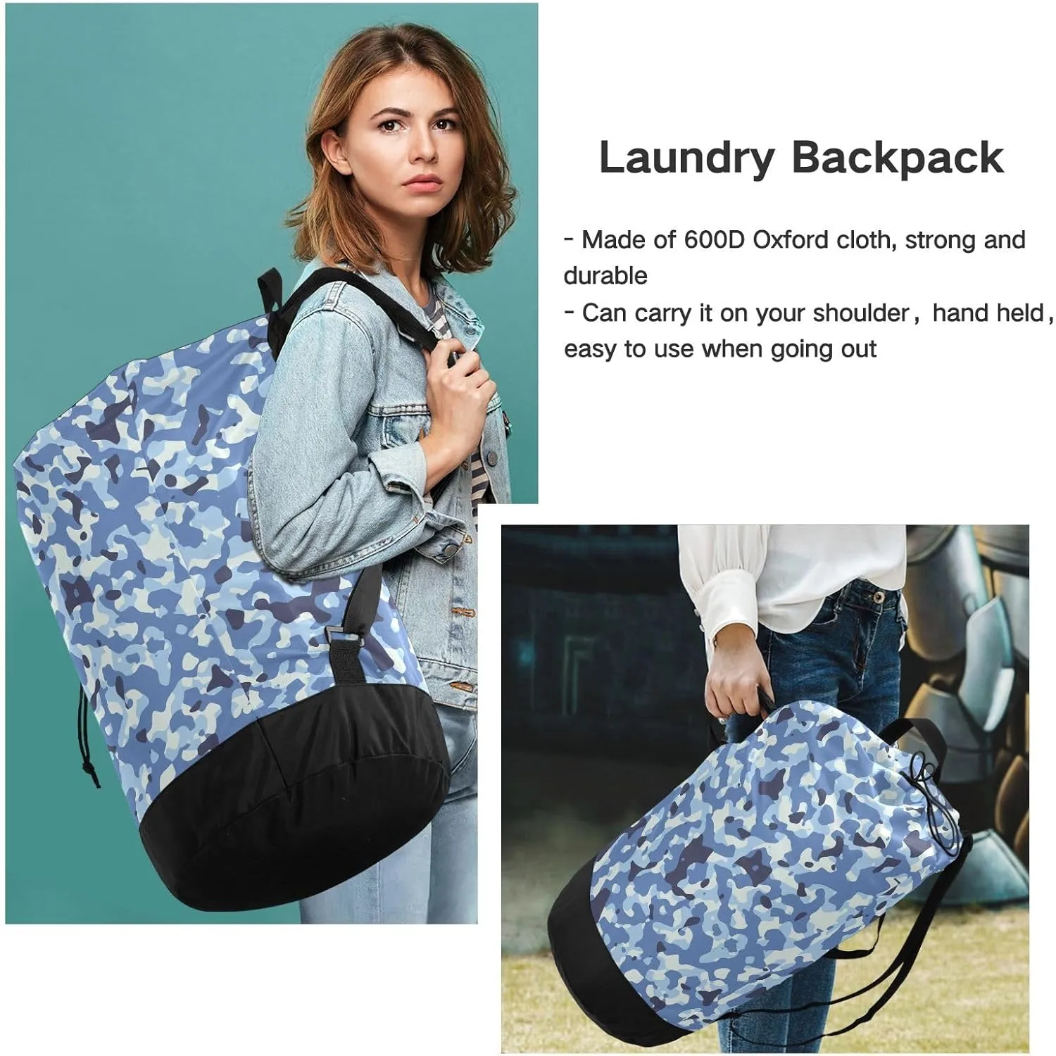 Laundry Backpack with Shoulder Straps Drawstring Laundry Bags Extra Large Heavy Duty for College Dorm Travel Laundromat Apartment Camping Blue Camo