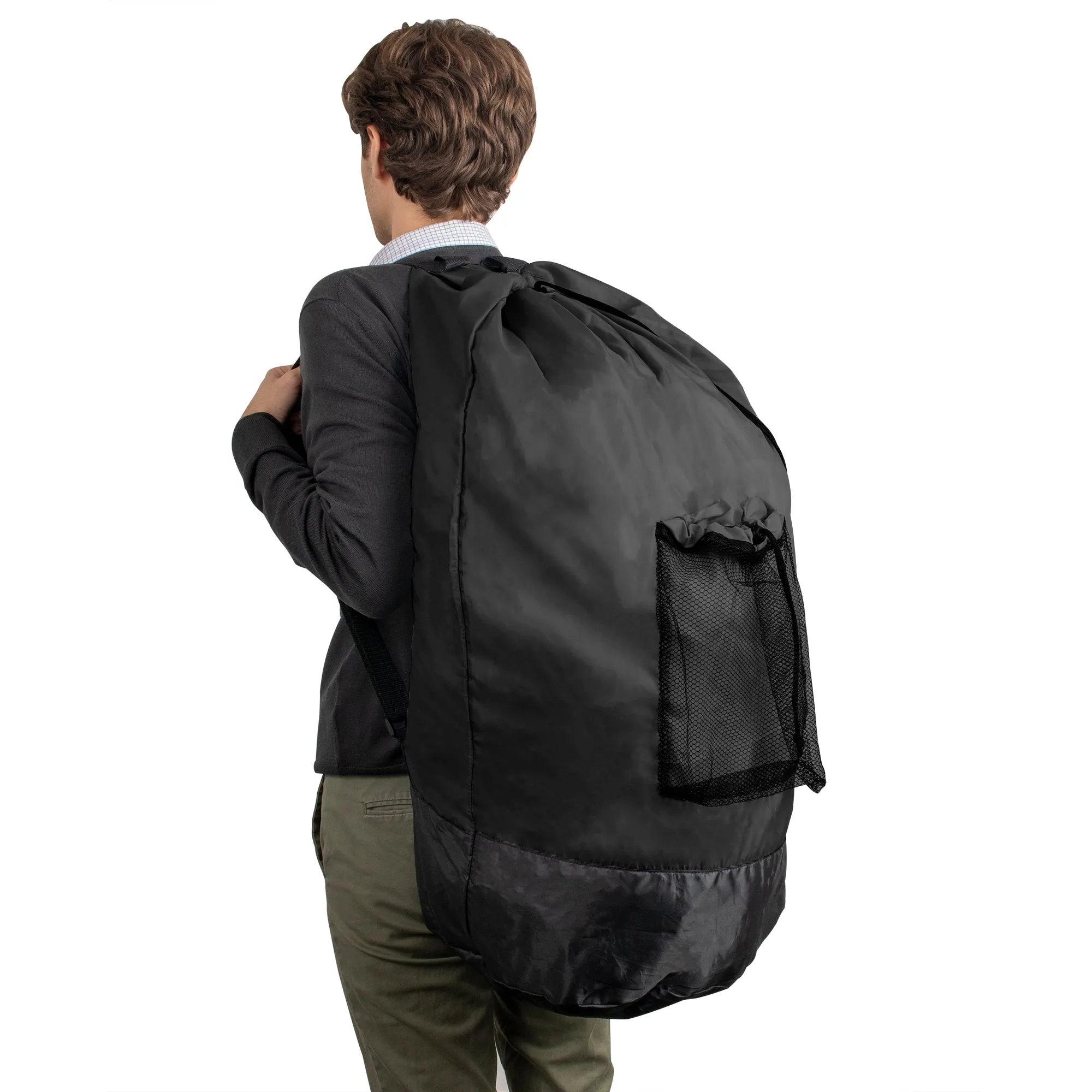 Laundry Bag Backpack with Front Mesh Pocket - Black  Wholesale