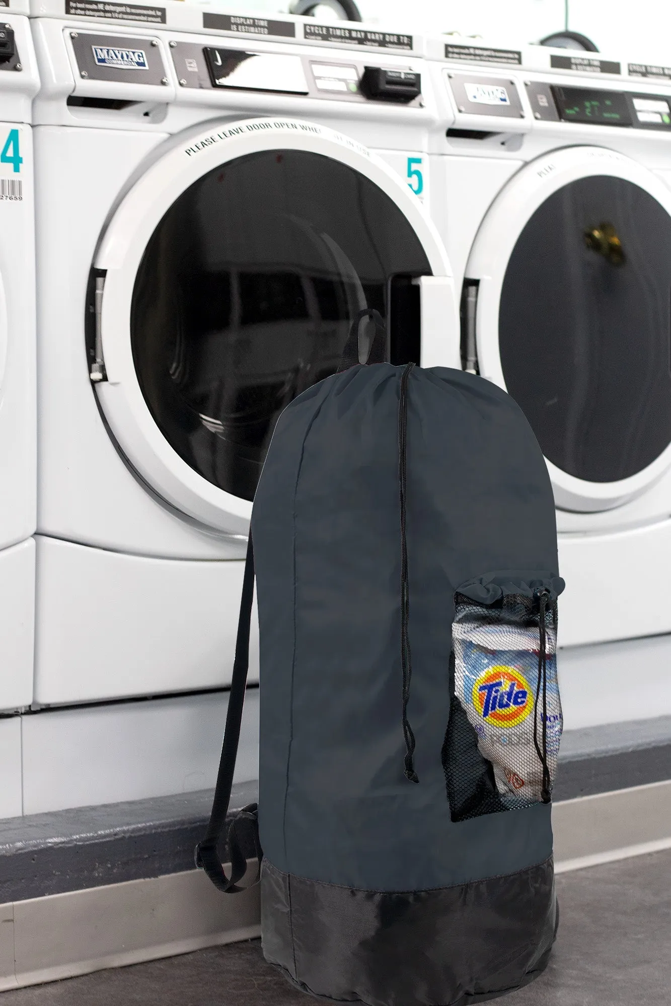 Laundry Bag Backpack with Front Mesh Pocket - Black  Wholesale