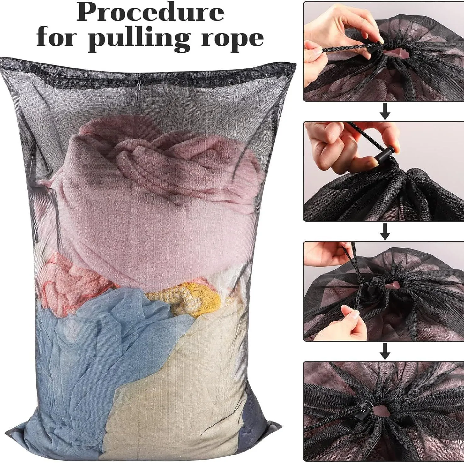 Laundry Bag Drawstring Clothes Wash Bag Window Curtain Clothes Organizer Mesh Laundry Bag Home Dorm, Travel and Outdoor Activities Black/White Matching Set of 6 (Black Thick Mesh)