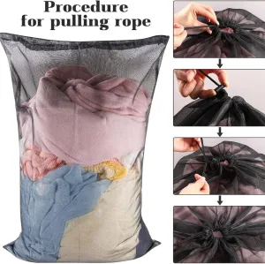 Laundry Bag Drawstring Clothes Wash Bag Window Curtain Clothes Organizer Mesh Laundry Bag Home Dorm, Travel and Outdoor Activities Black/White Matching Set of 6 (Black Thick Mesh)