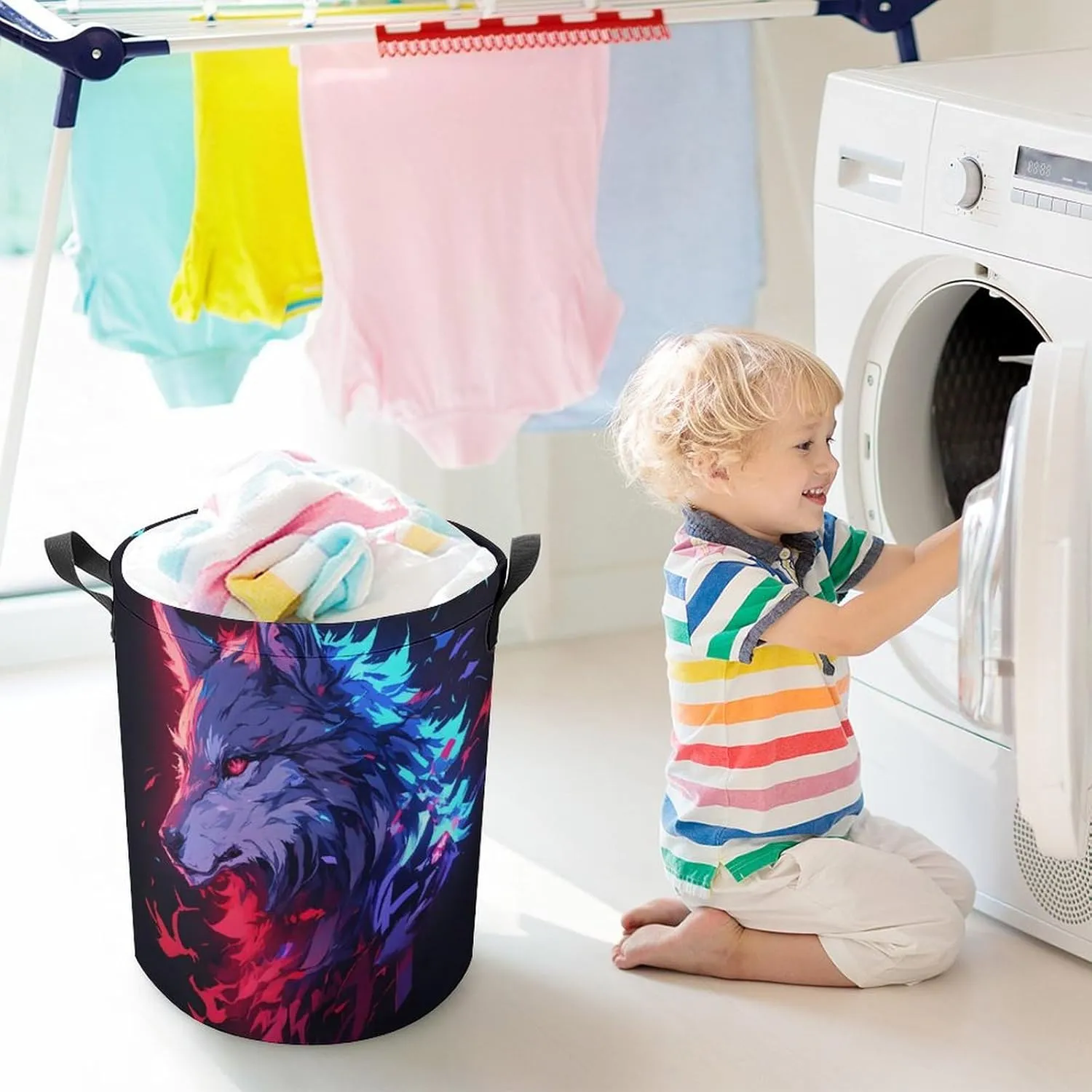 Laundry Hampers, Large Drawstring Laundry Bag, Removable Laundry Bags, Collapsible Storage Bin with Handles for Home Organization, Kids Room, Nursery Carnivore