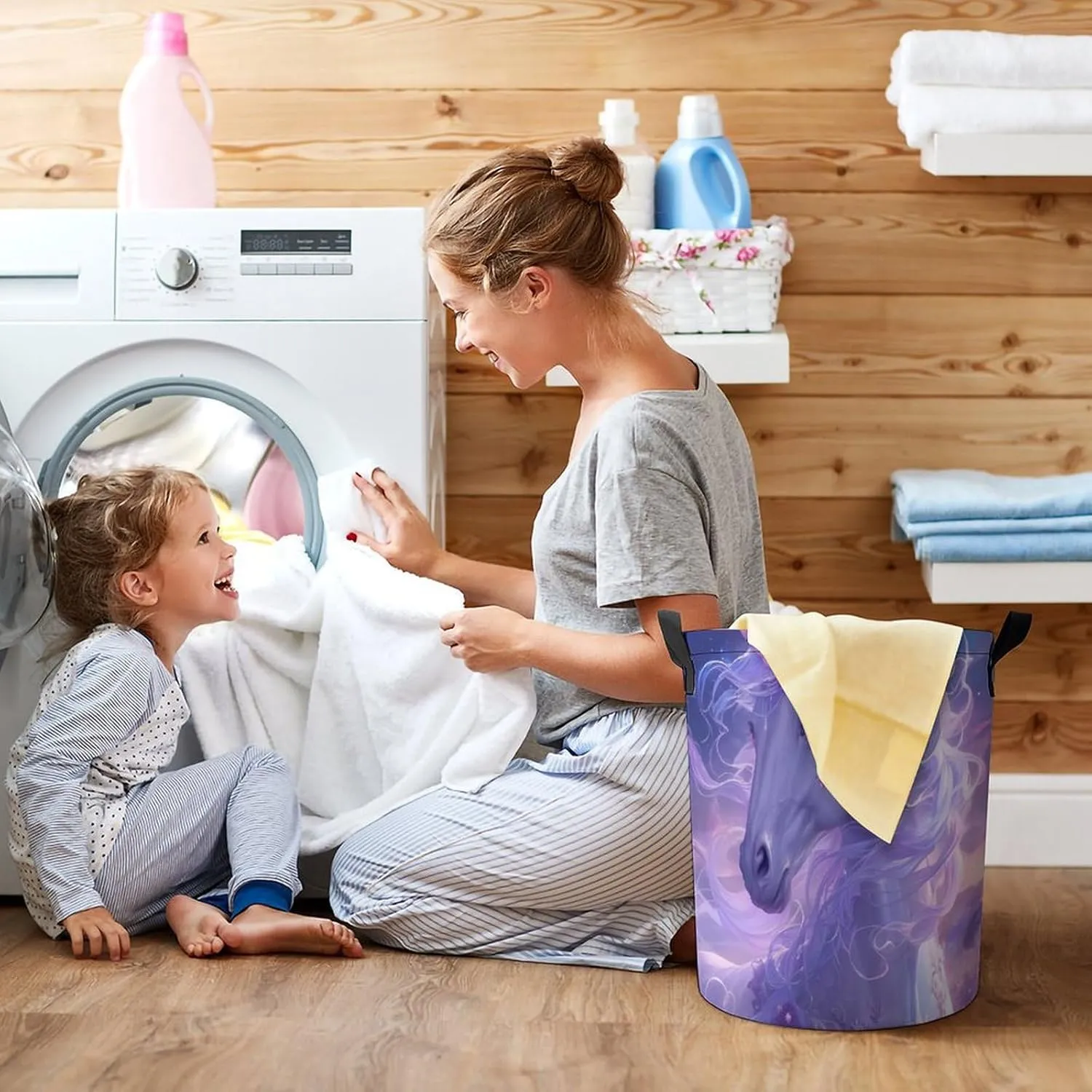 Laundry Hampers, Large Drawstring Laundry Bag, Removable Laundry Bags, Collapsible Storage Bin with Handles for Home Organization, Kids Room, Nursery Cartoon