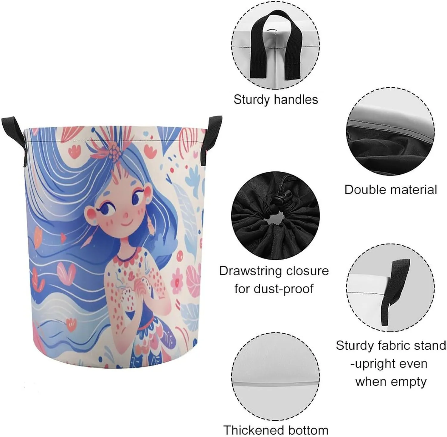Laundry Hampers, Large Drawstring Laundry Bag, Removable Laundry Bags, Collapsible Storage Bin with Handles for Home Organization, Kids Room, Nursery Drawing
