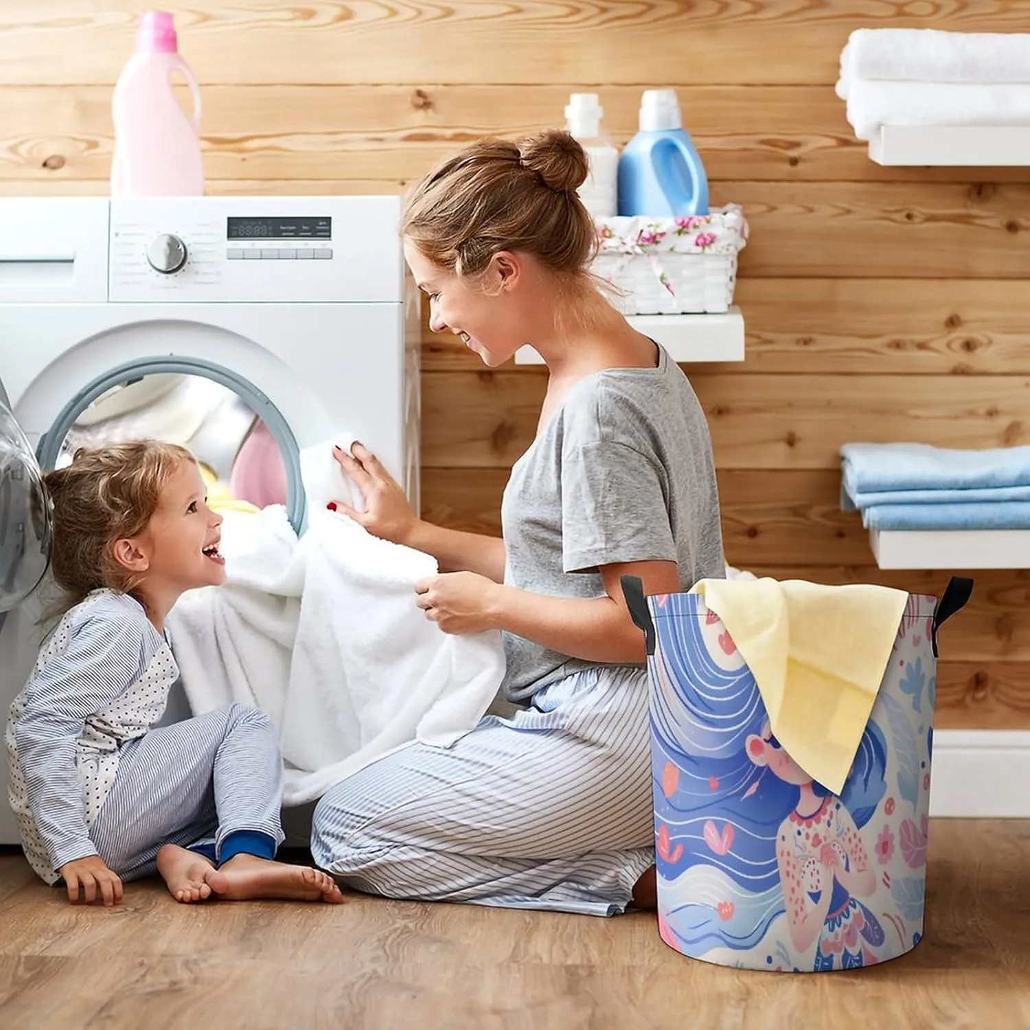Laundry Hampers, Large Drawstring Laundry Bag, Removable Laundry Bags, Collapsible Storage Bin with Handles for Home Organization, Kids Room, Nursery Drawing