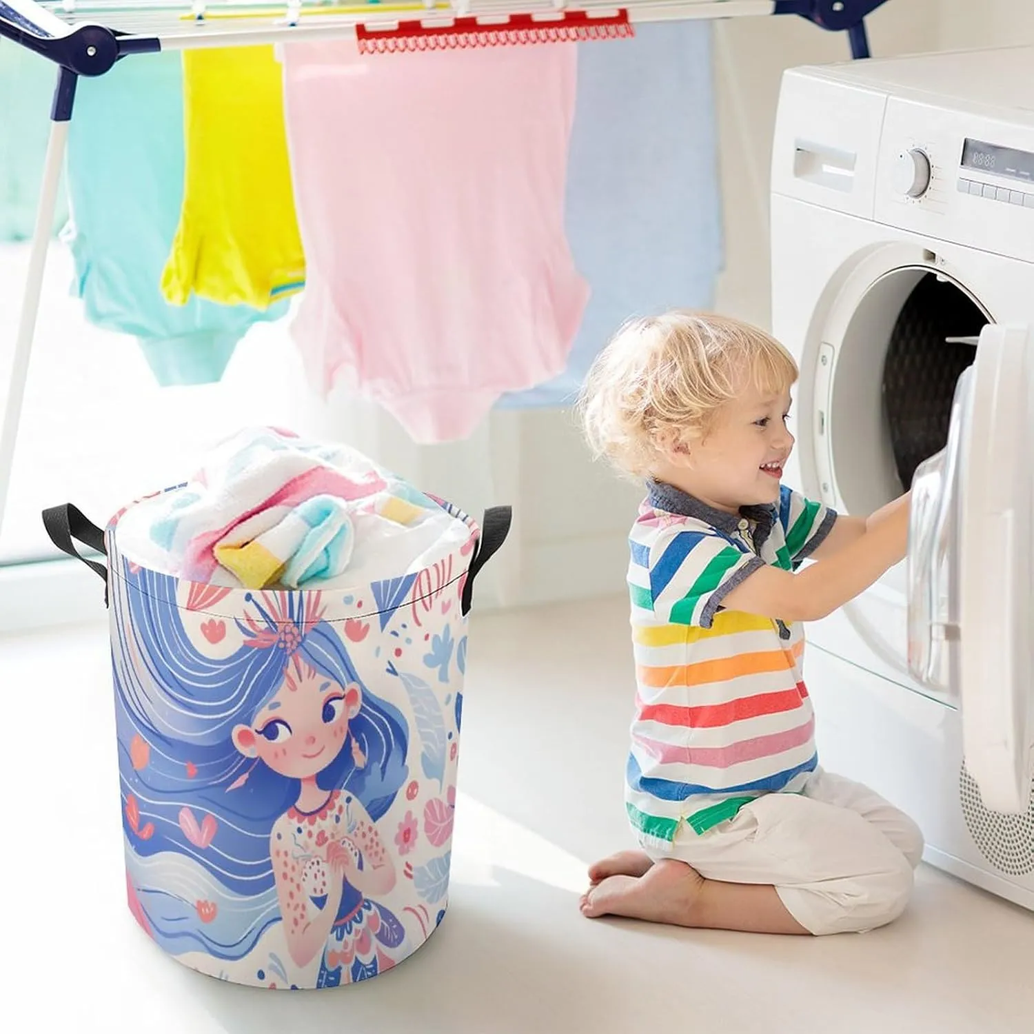 Laundry Hampers, Large Drawstring Laundry Bag, Removable Laundry Bags, Collapsible Storage Bin with Handles for Home Organization, Kids Room, Nursery Drawing
