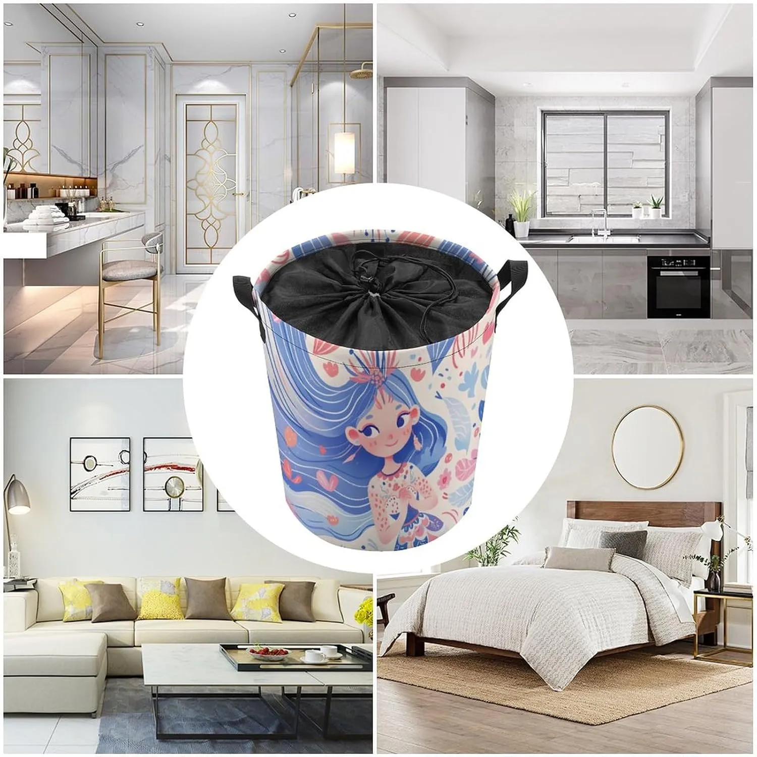 Laundry Hampers, Large Drawstring Laundry Bag, Removable Laundry Bags, Collapsible Storage Bin with Handles for Home Organization, Kids Room, Nursery Drawing