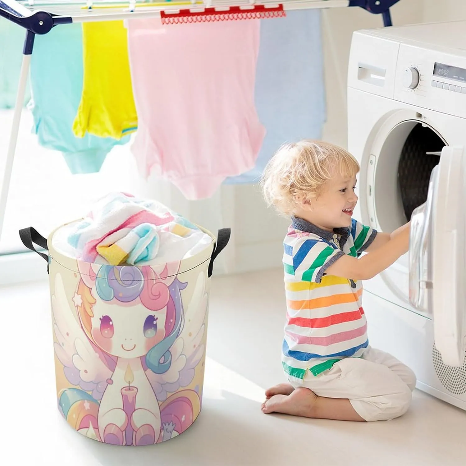 Laundry Hampers, Large Drawstring Laundry Bag, Removable Laundry Bags, Collapsible Storage Bin with Handles for Home Organization, Kids Room, Nursery Font