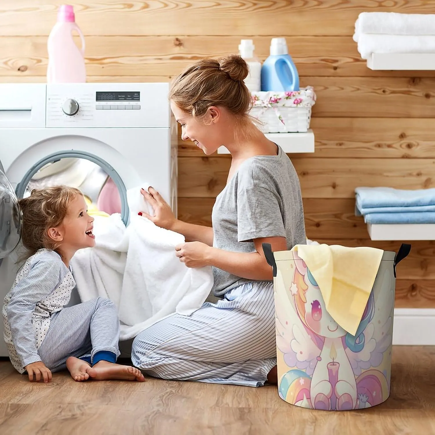 Laundry Hampers, Large Drawstring Laundry Bag, Removable Laundry Bags, Collapsible Storage Bin with Handles for Home Organization, Kids Room, Nursery Font
