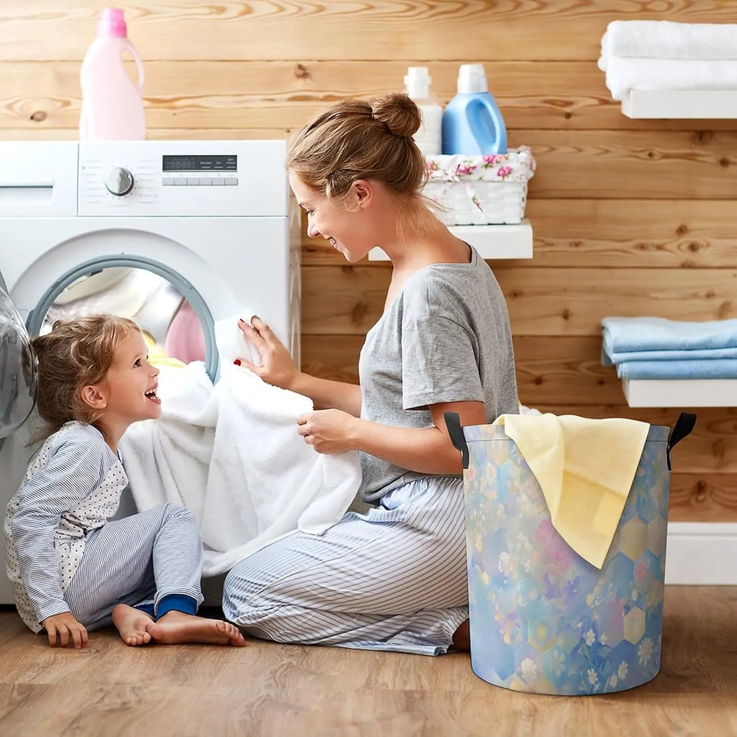 Laundry Hampers, Large Drawstring Laundry Bag, Removable Laundry Bags, Collapsible Storage Bin with Handles for Home Organization, Kids Room, Nursery Illustration