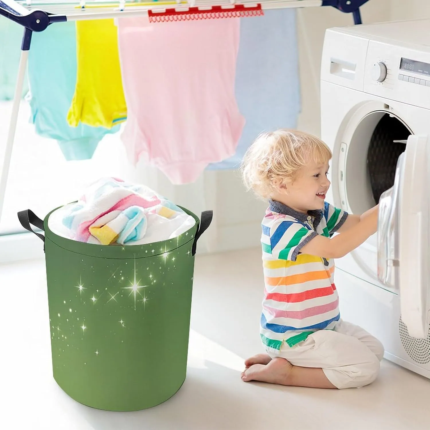 Laundry Hampers, Large Drawstring Laundry Bag, Removable Laundry Bags, Collapsible Storage Bin with Handles for Home Organization, Kids Room, Nursery Sky