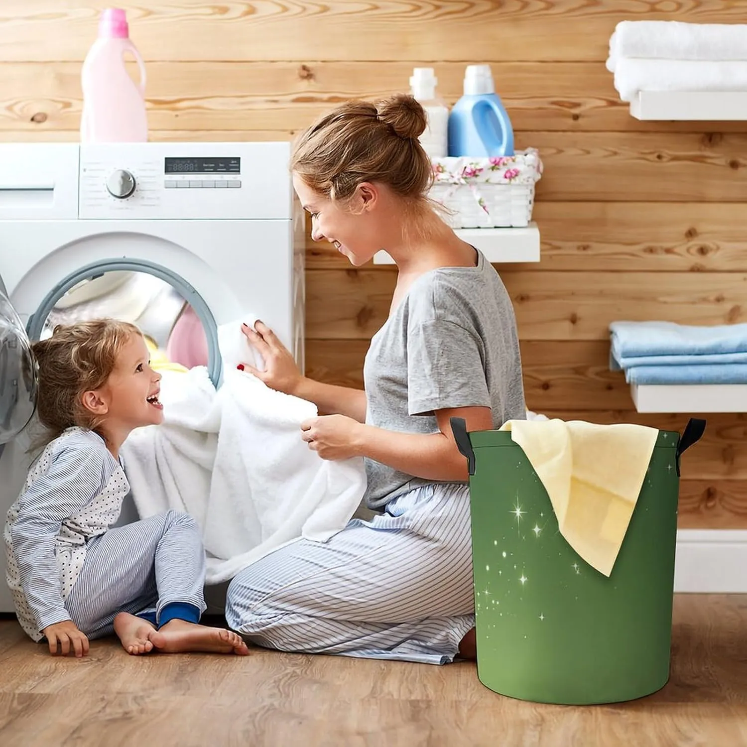 Laundry Hampers, Large Drawstring Laundry Bag, Removable Laundry Bags, Collapsible Storage Bin with Handles for Home Organization, Kids Room, Nursery Sky