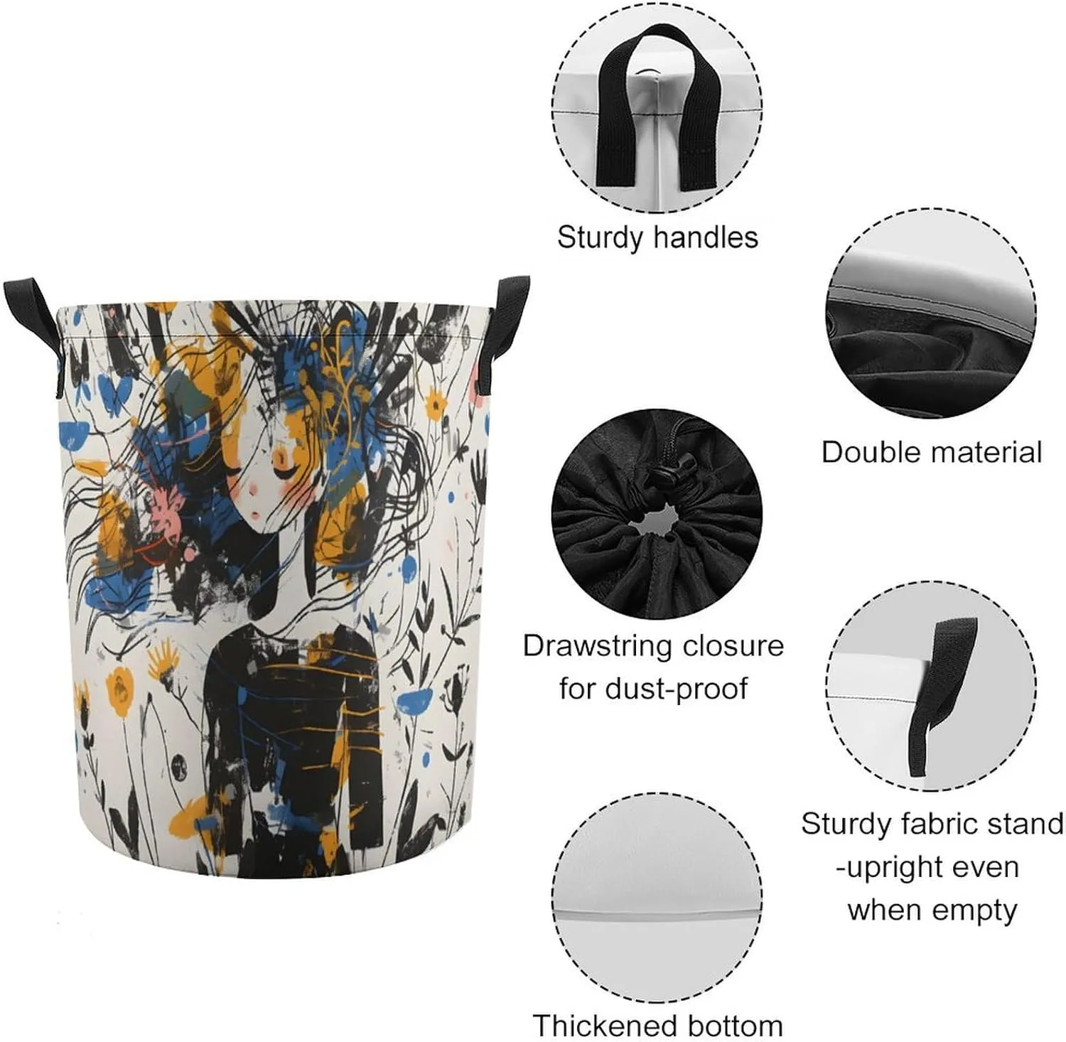 Laundry Hampers, Large Drawstring Laundry Bag, Removable Laundry Bags, Collapsible Storage Bin with Handles for Home Organization, Kids Room, Nursery Visual Arts