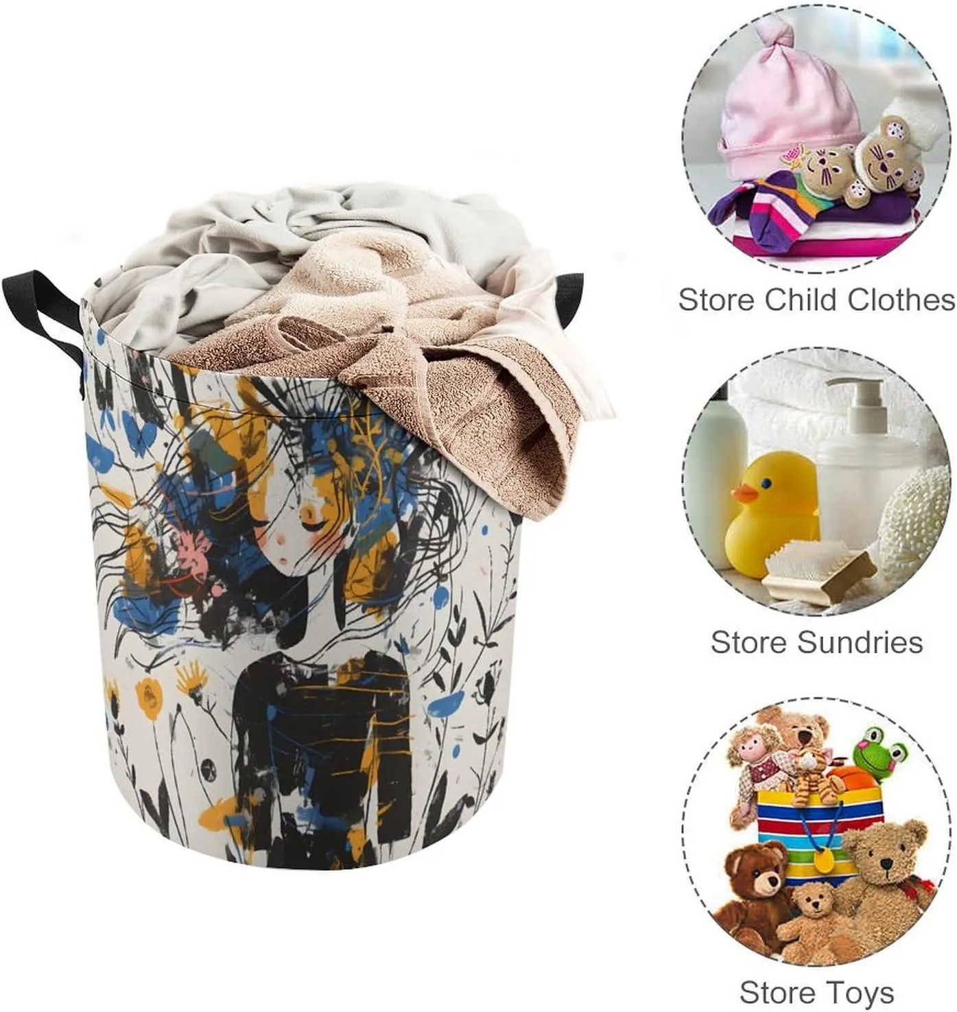 Laundry Hampers, Large Drawstring Laundry Bag, Removable Laundry Bags, Collapsible Storage Bin with Handles for Home Organization, Kids Room, Nursery Visual Arts