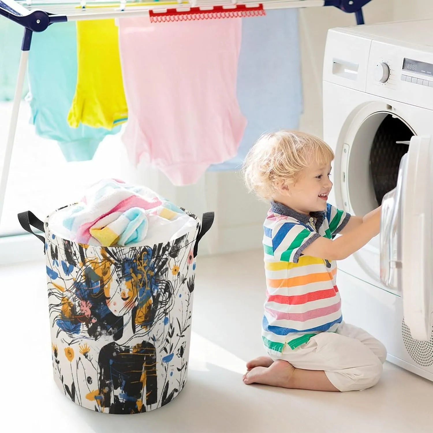 Laundry Hampers, Large Drawstring Laundry Bag, Removable Laundry Bags, Collapsible Storage Bin with Handles for Home Organization, Kids Room, Nursery Visual Arts