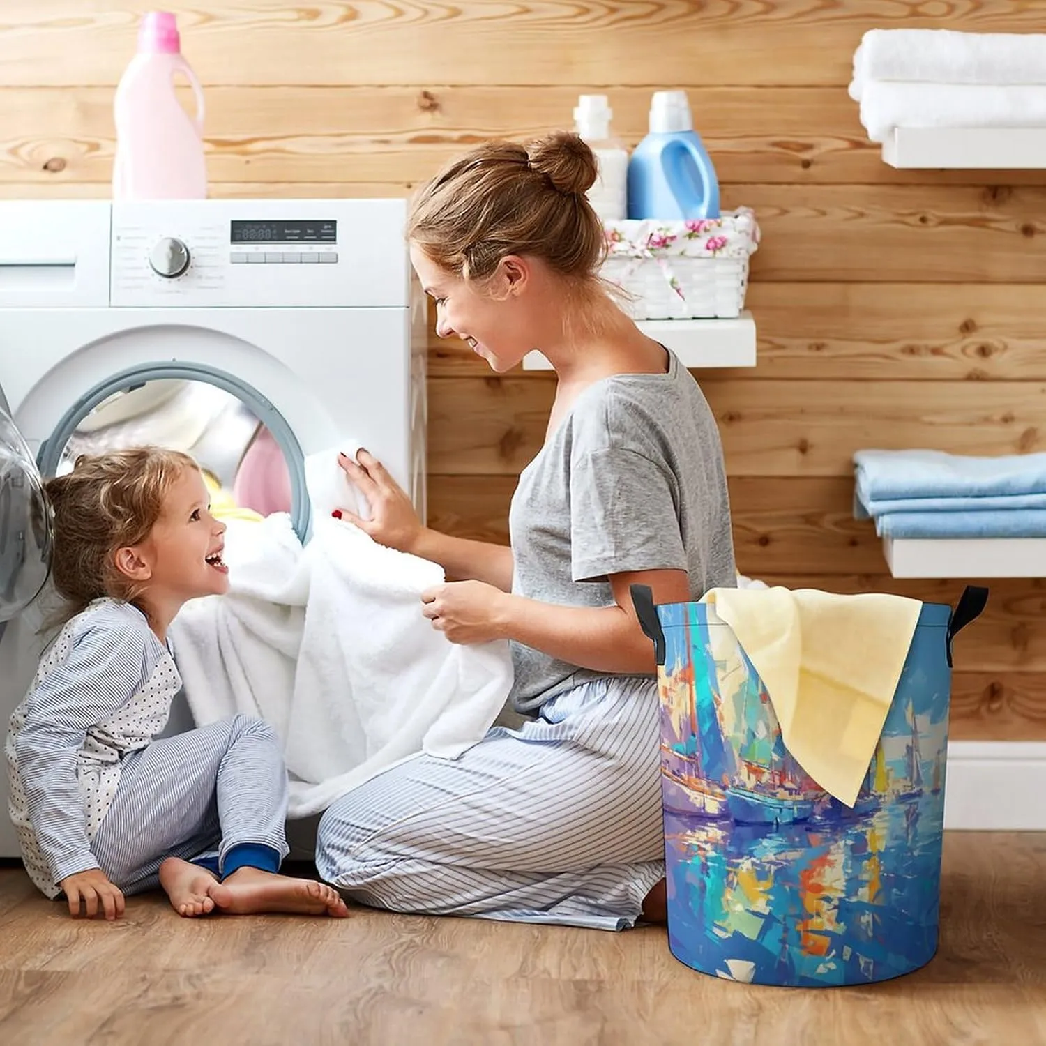 Laundry Hampers, Large Drawstring Laundry Bag, Removable Laundry Bags, Collapsible Storage Bin with Handles for Home Organization, Kids Room, Nursery Watercraft