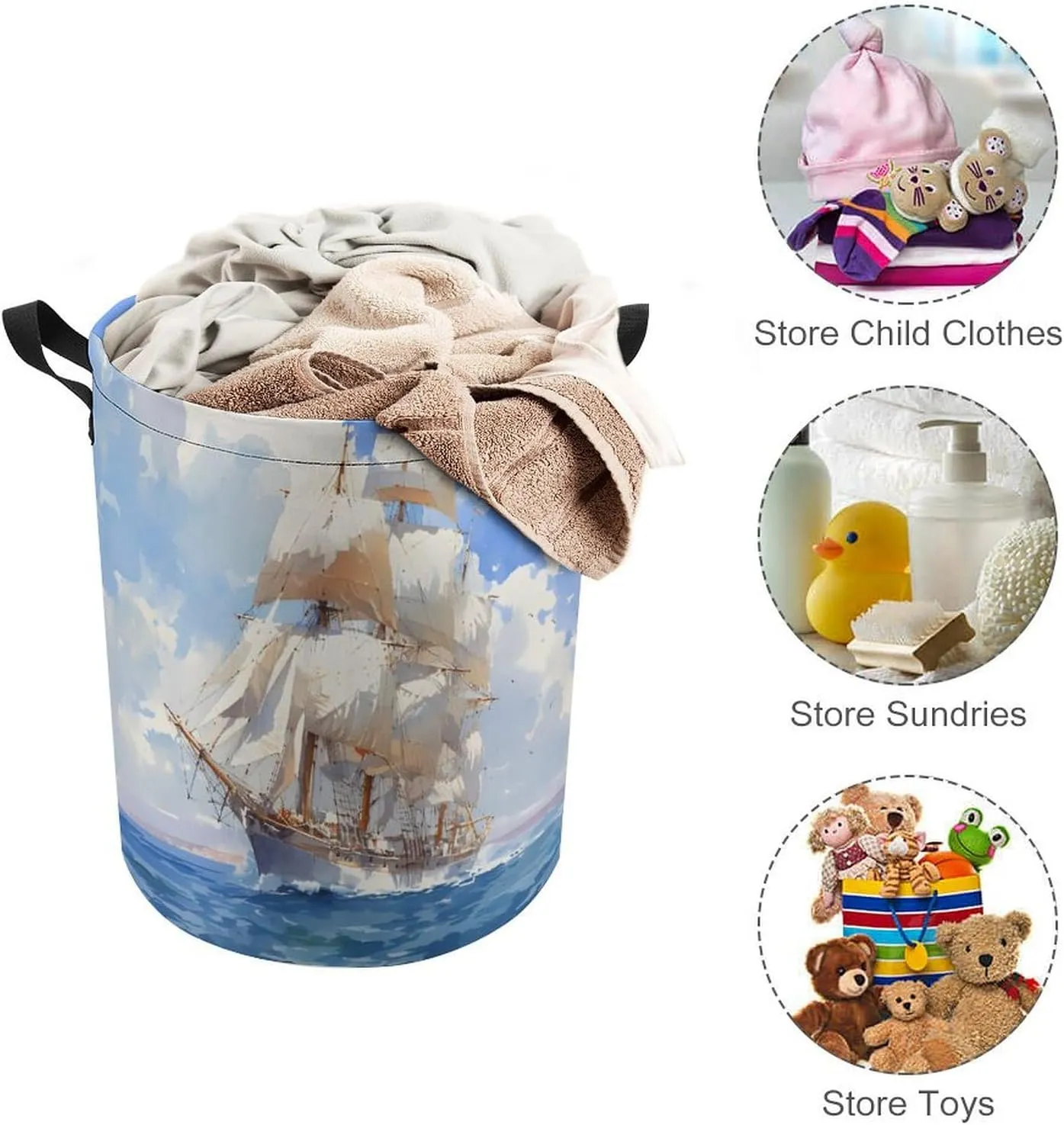 Laundry Hampers, Large Drawstring Laundry Bag, Removable Laundry Bags, Collapsible Storage Bin with Handles for Home Organization, Kids Room, Nursery Watercraft