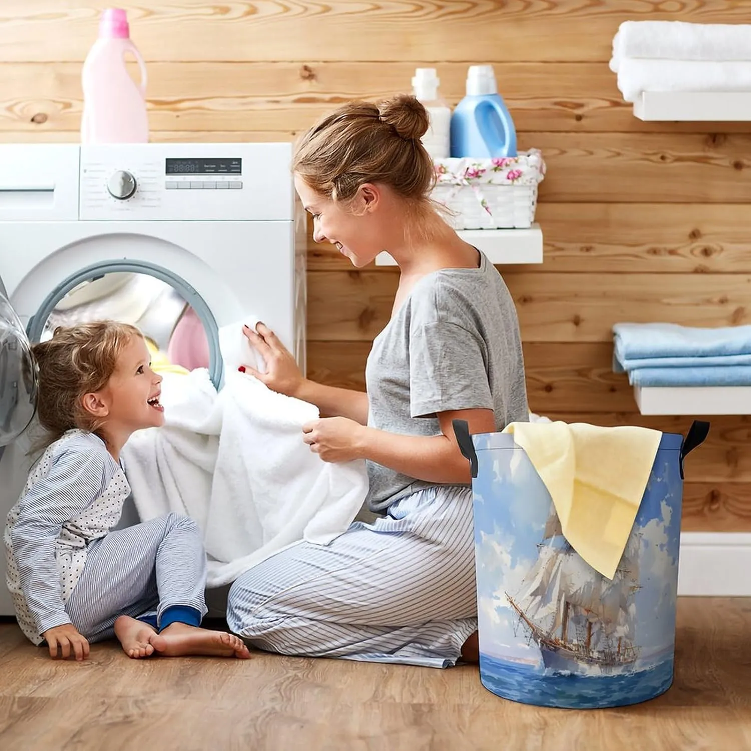 Laundry Hampers, Large Drawstring Laundry Bag, Removable Laundry Bags, Collapsible Storage Bin with Handles for Home Organization, Kids Room, Nursery Watercraft