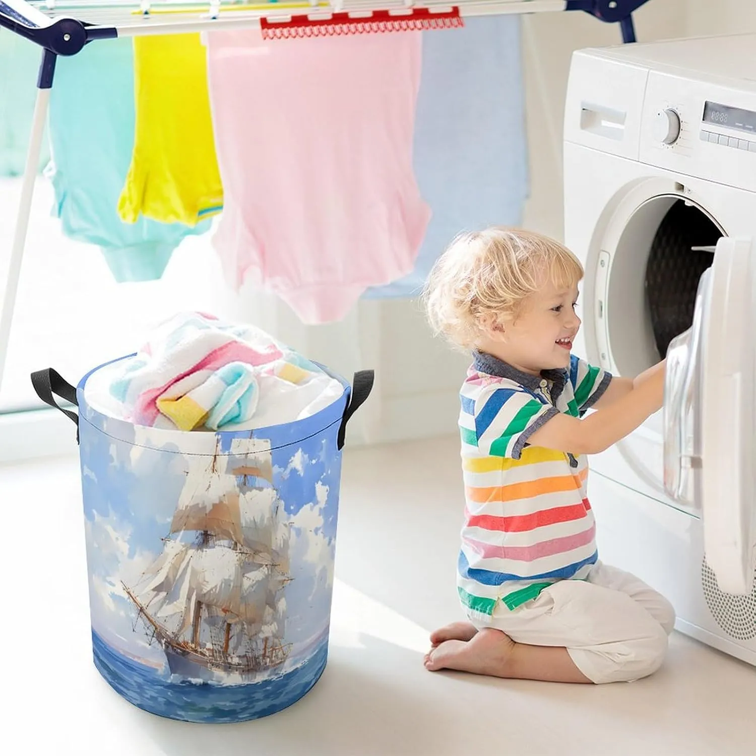 Laundry Hampers, Large Drawstring Laundry Bag, Removable Laundry Bags, Collapsible Storage Bin with Handles for Home Organization, Kids Room, Nursery Watercraft