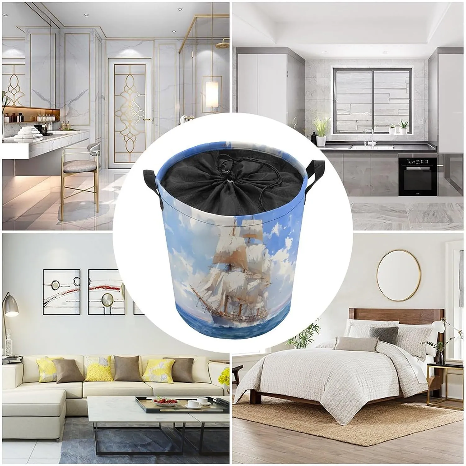 Laundry Hampers, Large Drawstring Laundry Bag, Removable Laundry Bags, Collapsible Storage Bin with Handles for Home Organization, Kids Room, Nursery Watercraft
