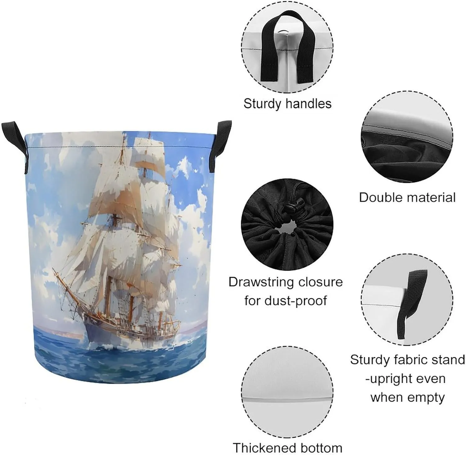 Laundry Hampers, Large Drawstring Laundry Bag, Removable Laundry Bags, Collapsible Storage Bin with Handles for Home Organization, Kids Room, Nursery Watercraft