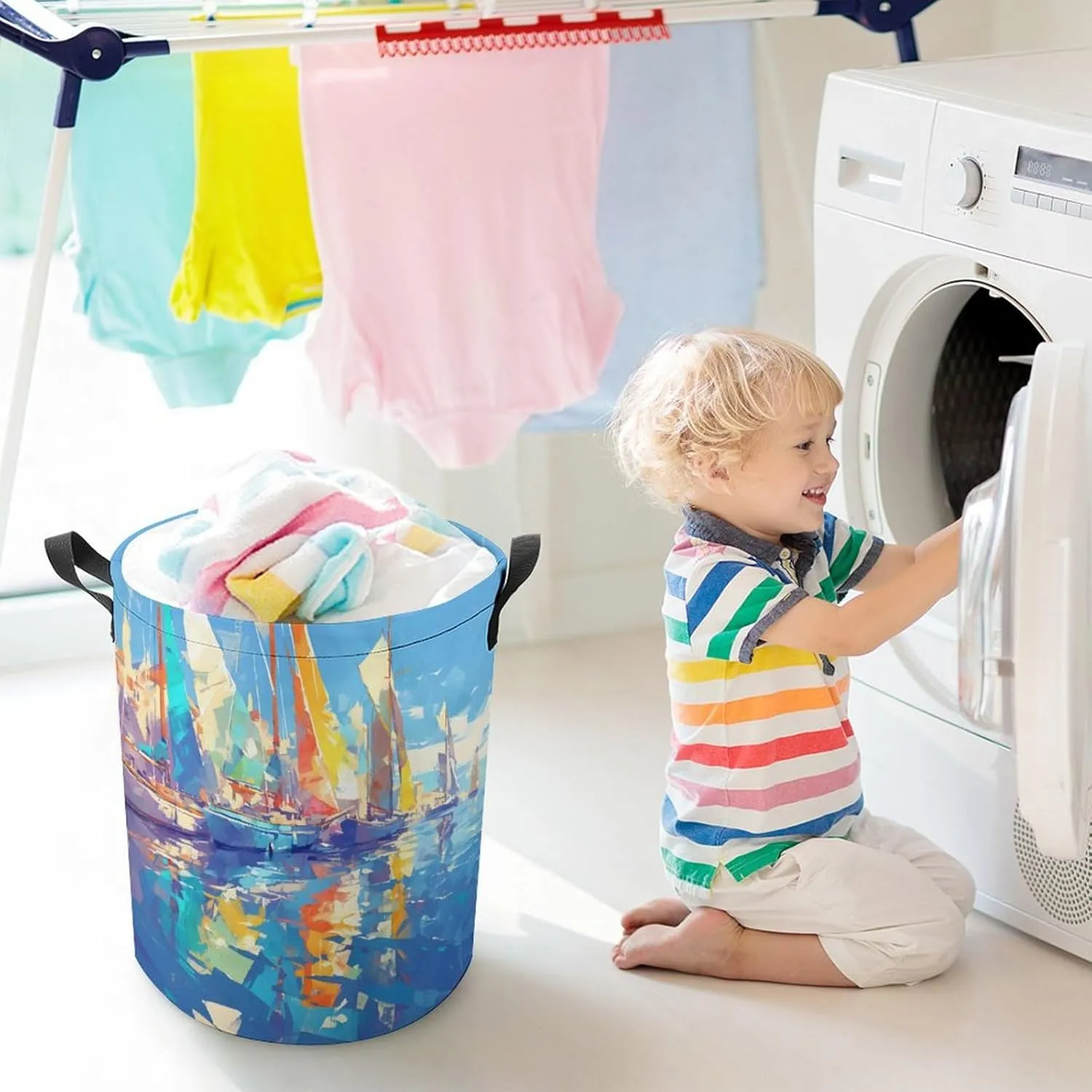 Laundry Hampers, Large Drawstring Laundry Bag, Removable Laundry Bags, Collapsible Storage Bin with Handles for Home Organization, Kids Room, Nursery Watercraft