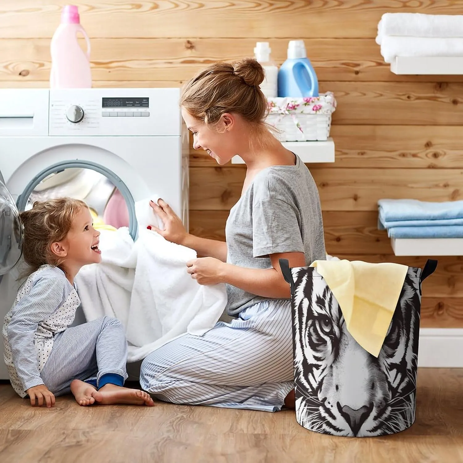 Laundry Hampers, Large Drawstring Laundry Bag, Removable Laundry Bags, Collapsible Storage Bin with Handles for Home Organization, Kids Room, Nursery Whiskers
