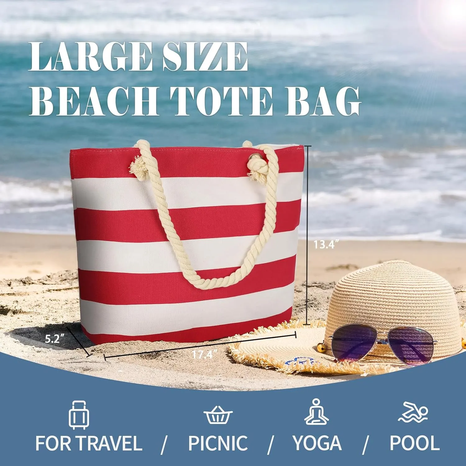 LAVTUG Beach Bags for Women Large Canvas Beach Tote Bag Waterproof Sandproof Beach Bags Swim Pool Bag Travel Essentials
