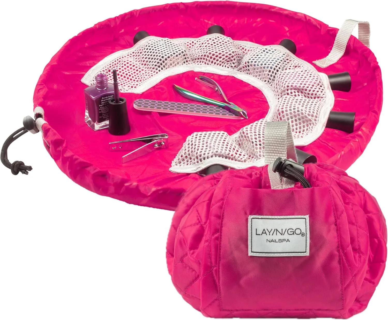 Lay-n-Go NailSpa Drawstring Cosmetic Bag - Portable Nail Supplies Organizer Bag w/ 8 Elastic Mesh Pockets & Circular Center - Durable, Machine Washable Nail Kit Organizer (18", Pink)
