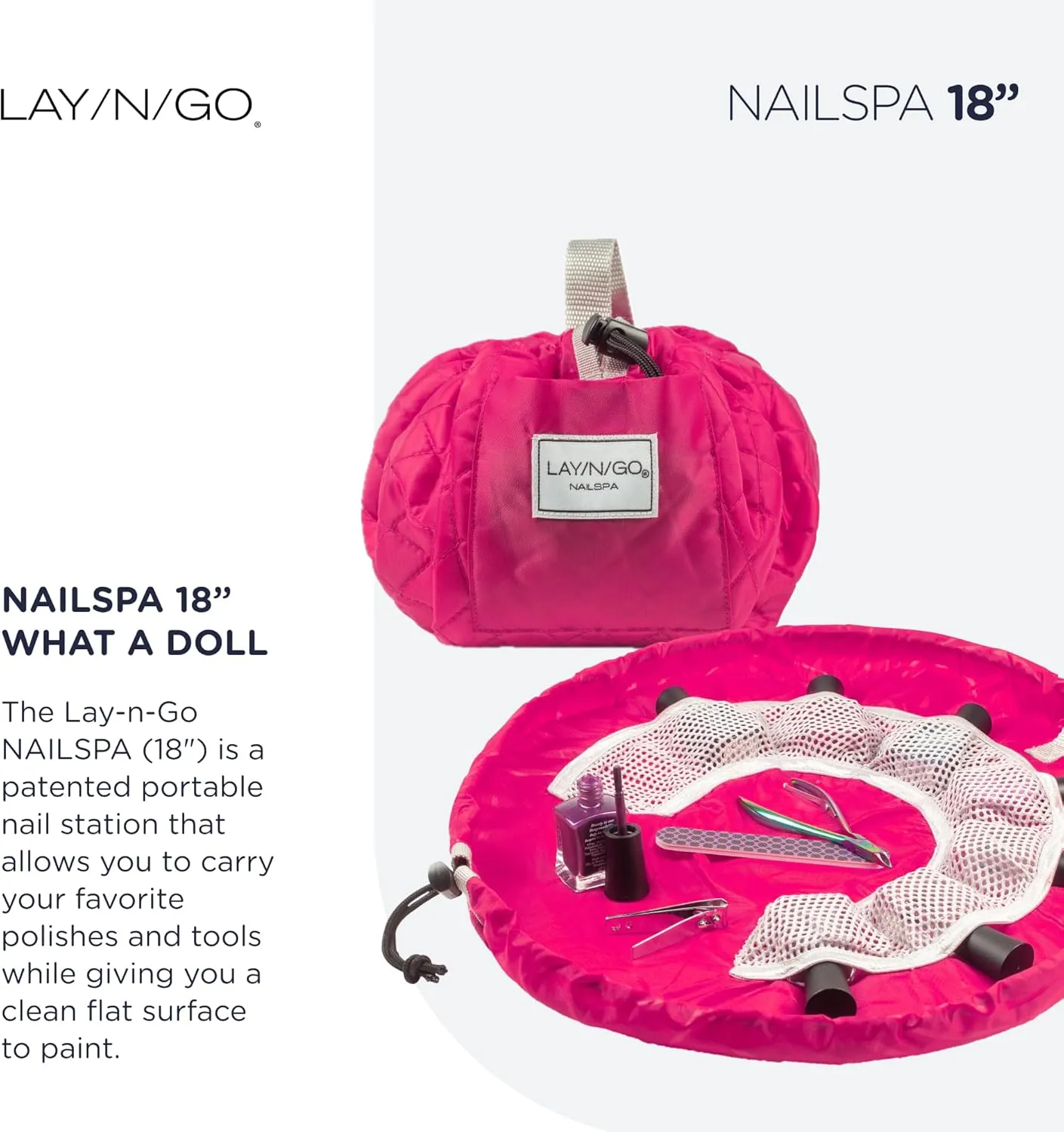 Lay-n-Go NailSpa Drawstring Cosmetic Bag - Portable Nail Supplies Organizer Bag w/ 8 Elastic Mesh Pockets & Circular Center - Durable, Machine Washable Nail Kit Organizer (18", Pink)