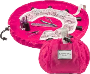 Lay-n-Go NailSpa Drawstring Cosmetic Bag - Portable Nail Supplies Organizer Bag w/ 8 Elastic Mesh Pockets & Circular Center - Durable, Machine Washable Nail Kit Organizer (18", Pink)