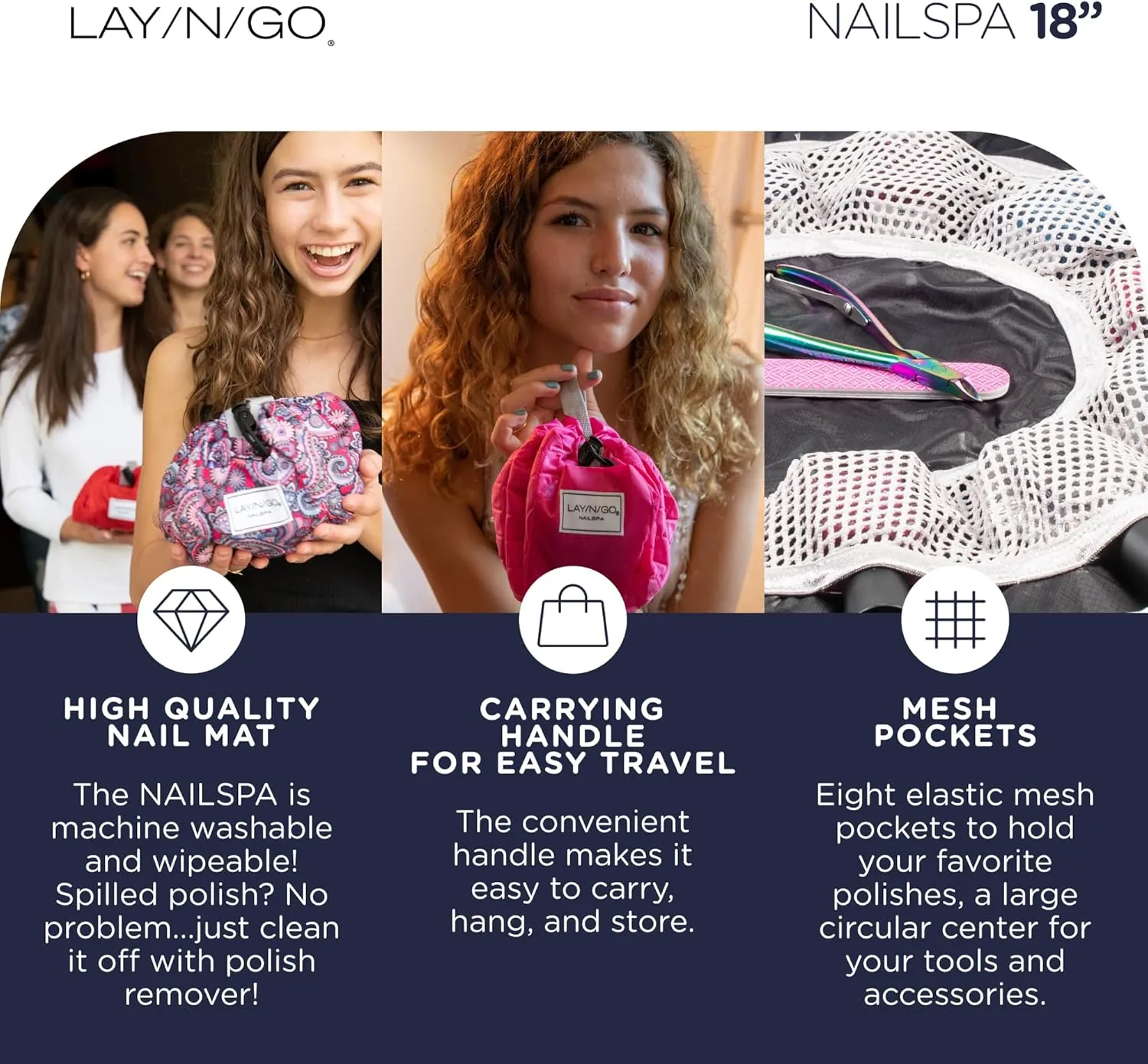 Lay-n-Go NailSpa Drawstring Cosmetic Bag - Portable Nail Supplies Organizer Bag w/ 8 Elastic Mesh Pockets & Circular Center - Durable, Machine Washable Nail Kit Organizer (18", Pink)