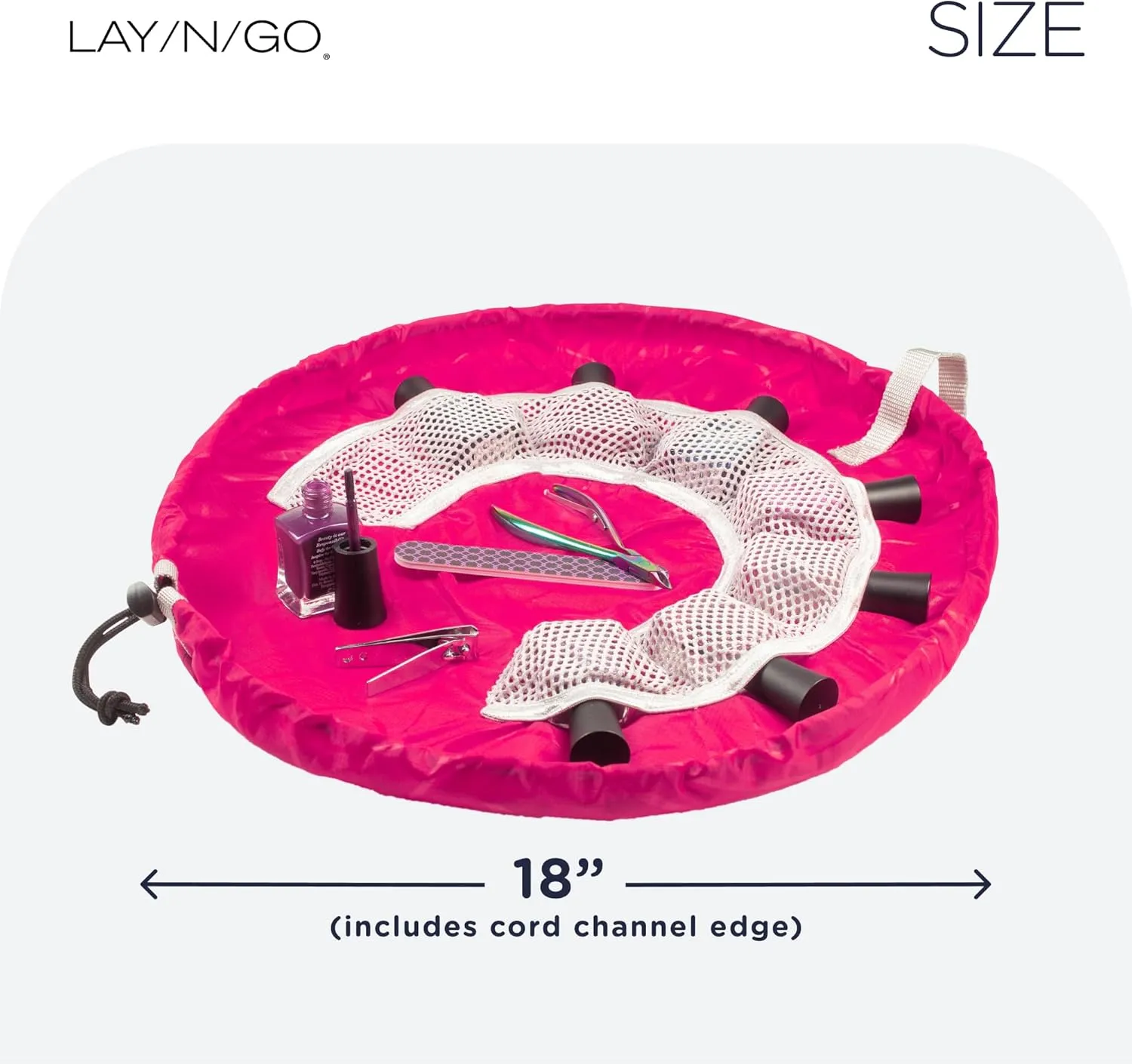 Lay-n-Go NailSpa Drawstring Cosmetic Bag - Portable Nail Supplies Organizer Bag w/ 8 Elastic Mesh Pockets & Circular Center - Durable, Machine Washable Nail Kit Organizer (18", Pink)