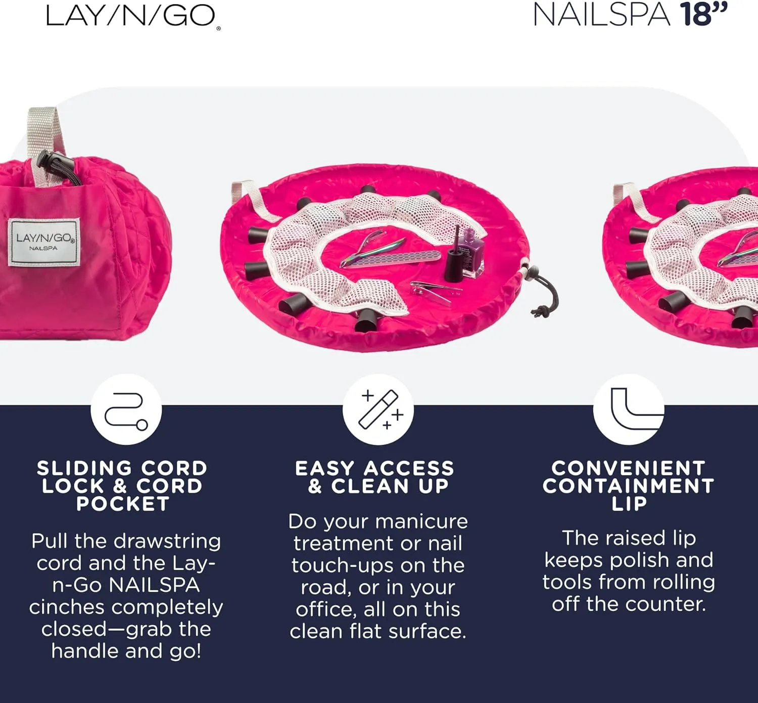 Lay-n-Go NailSpa Drawstring Cosmetic Bag - Portable Nail Supplies Organizer Bag w/ 8 Elastic Mesh Pockets & Circular Center - Durable, Machine Washable Nail Kit Organizer (18", Pink)