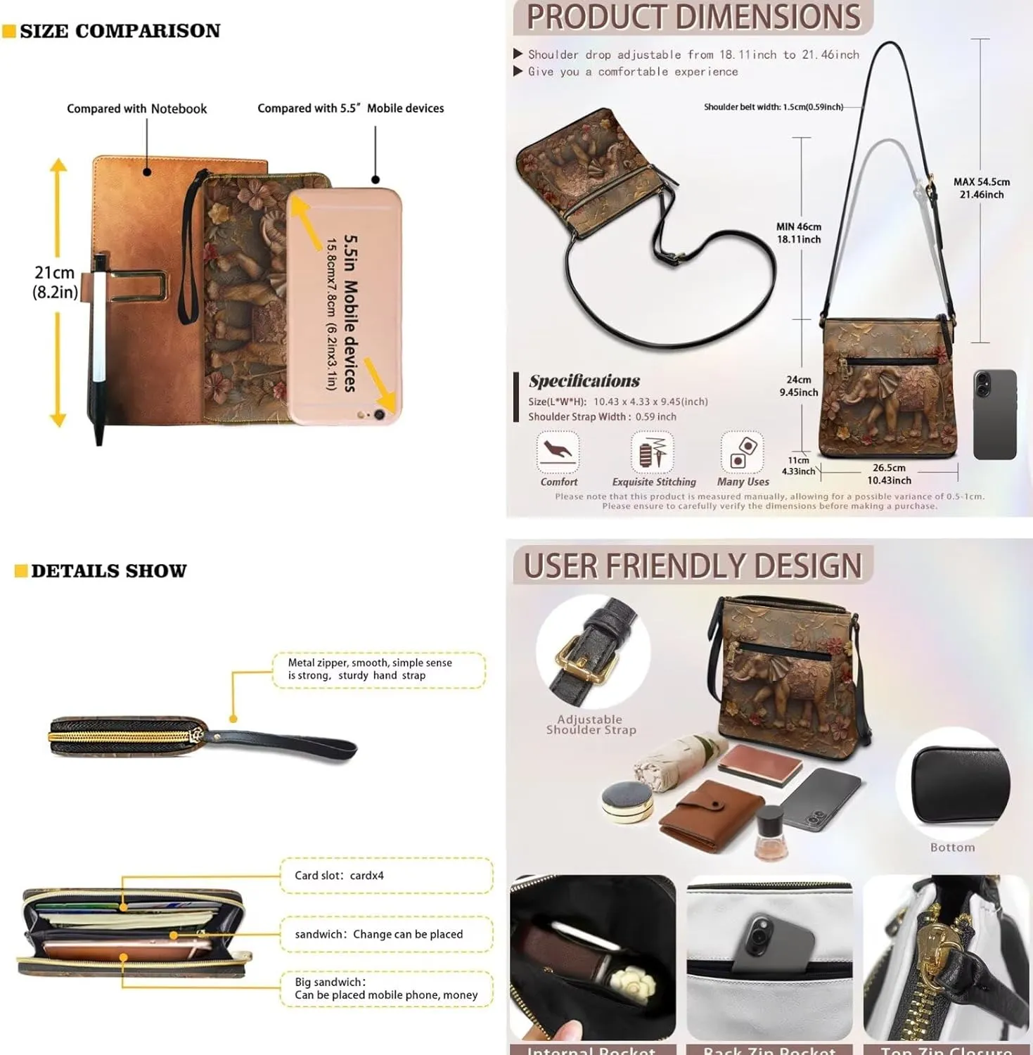 Leather Crossbody Purse Set for Women Girls, Multi Pockets Hobo Bag with PU Wristlet Wallet
