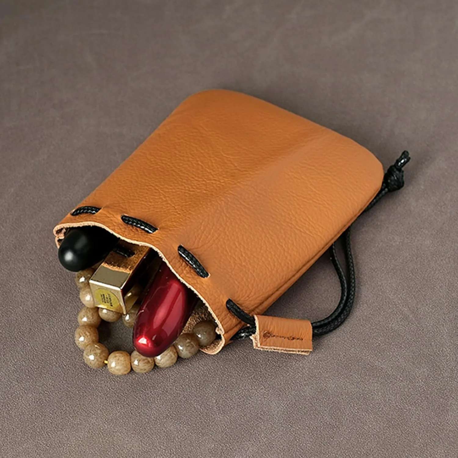 Leather Drawstring Pouch Made of First Layer Cowhide - Coin Pouch Wallet Fashion Retro