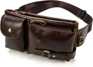 Leather Slim Waist Pack for Man & Woman, Vintage Design & 4 Zipper Pockets & Adjustable Strap, Large Capacity Fanny Pack Crossbody Belt Bag for Travel or Ride, 9080 Coffee