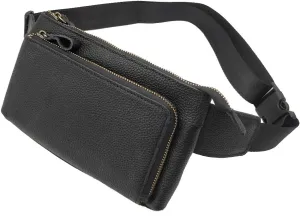 Leather Waist Pack Fanny Bag for Men Women Outdoor Travel Sports Hiking Running Hip Bum Belt Slim Cell Phone Purse Wallet Zipper Casual Pouch Black