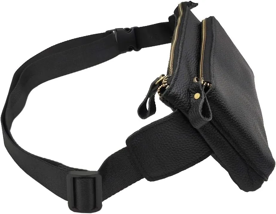 Leather Waist Pack Fanny Bag for Men Women Outdoor Travel Sports Hiking Running Hip Bum Belt Slim Cell Phone Purse Wallet Zipper Casual Pouch Black