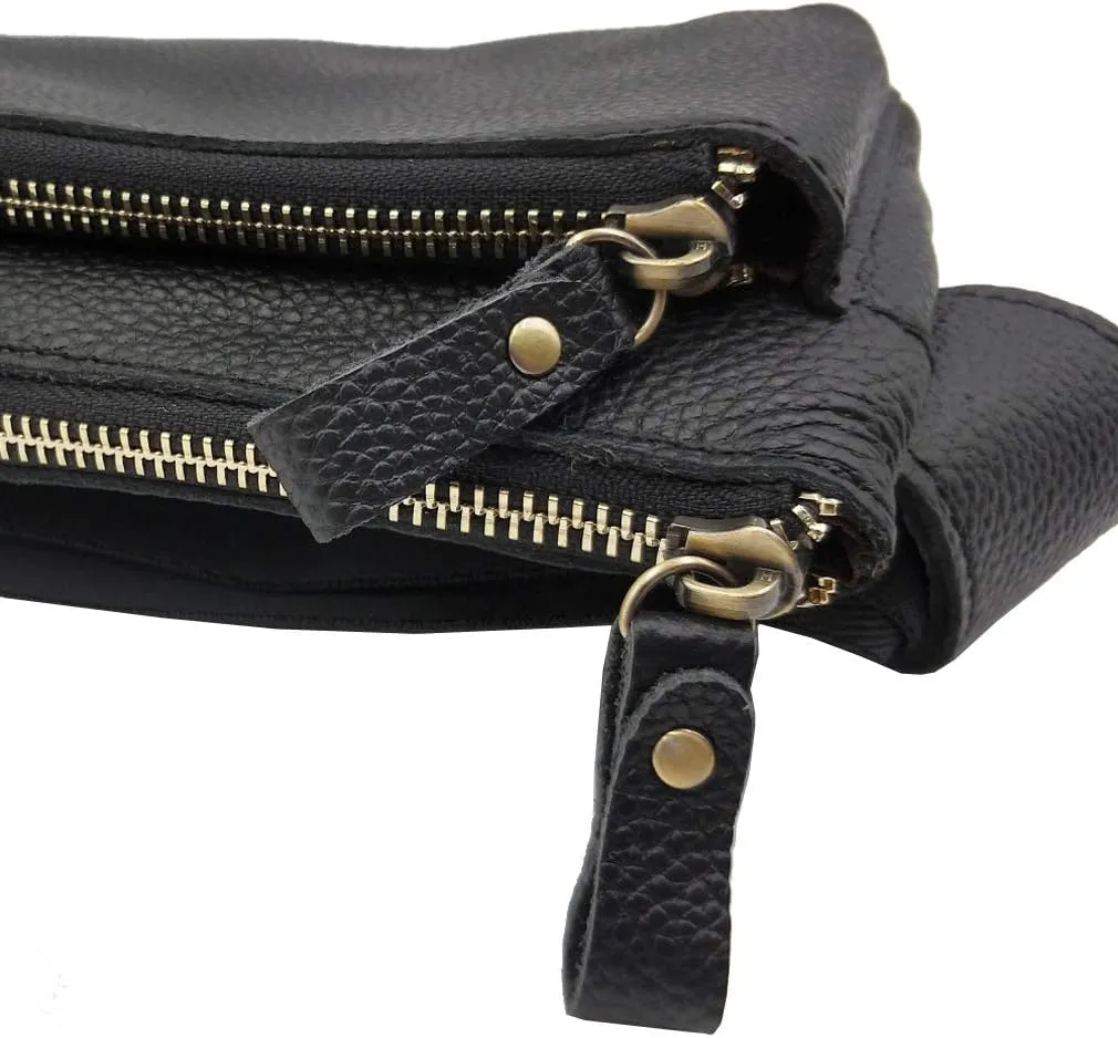 Leather Waist Pack Fanny Bag for Men Women Outdoor Travel Sports Hiking Running Hip Bum Belt Slim Cell Phone Purse Wallet Zipper Casual Pouch Black