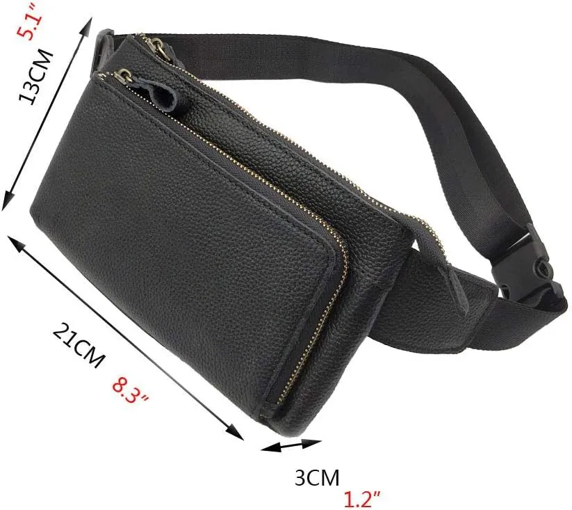 Leather Waist Pack Fanny Bag for Men Women Outdoor Travel Sports Hiking Running Hip Bum Belt Slim Cell Phone Purse Wallet Zipper Casual Pouch Black