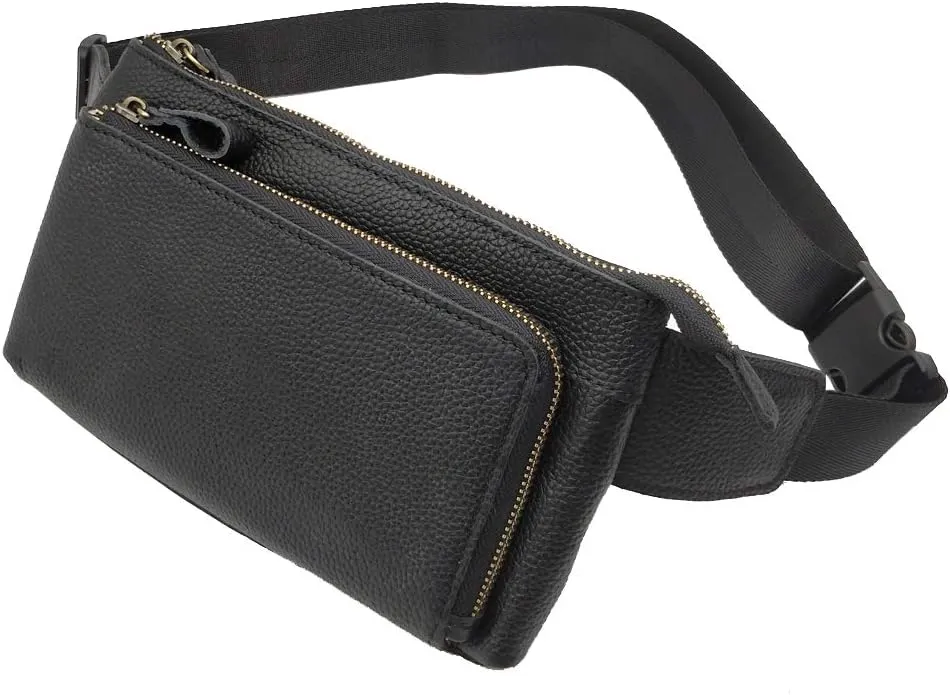 Leather Waist Pack Fanny Bag for Men Women Outdoor Travel Sports Hiking Running Hip Bum Belt Slim Cell Phone Purse Wallet Zipper Casual Pouch Black