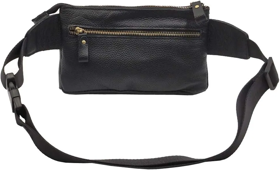 Leather Waist Pack Fanny Bag for Men Women Outdoor Travel Sports Hiking Running Hip Bum Belt Slim Cell Phone Purse Wallet Zipper Casual Pouch Black