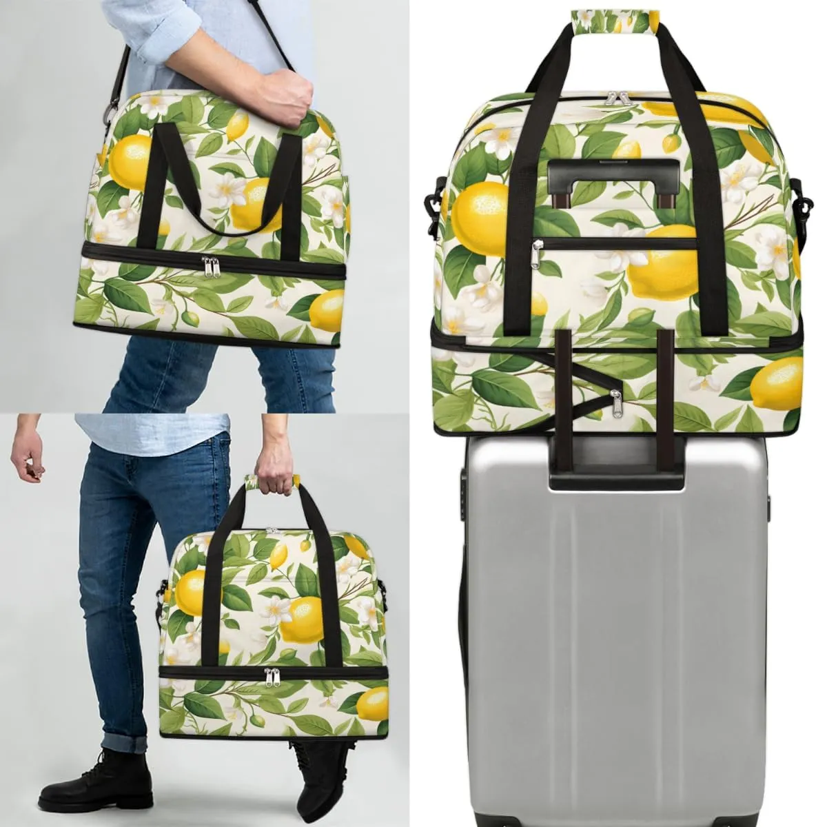 Lemon Summer Yellow Fruits Foldable Travel Duffel Bag Overnight Weekender Bag with Shoes Compartment Sports Gym Bag for Men Women