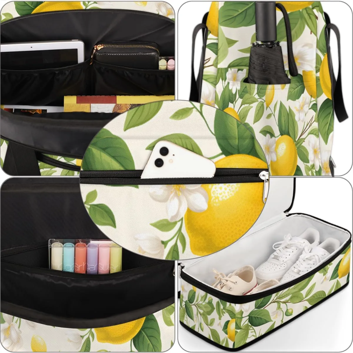 Lemon Summer Yellow Fruits Foldable Travel Duffel Bag Overnight Weekender Bag with Shoes Compartment Sports Gym Bag for Men Women