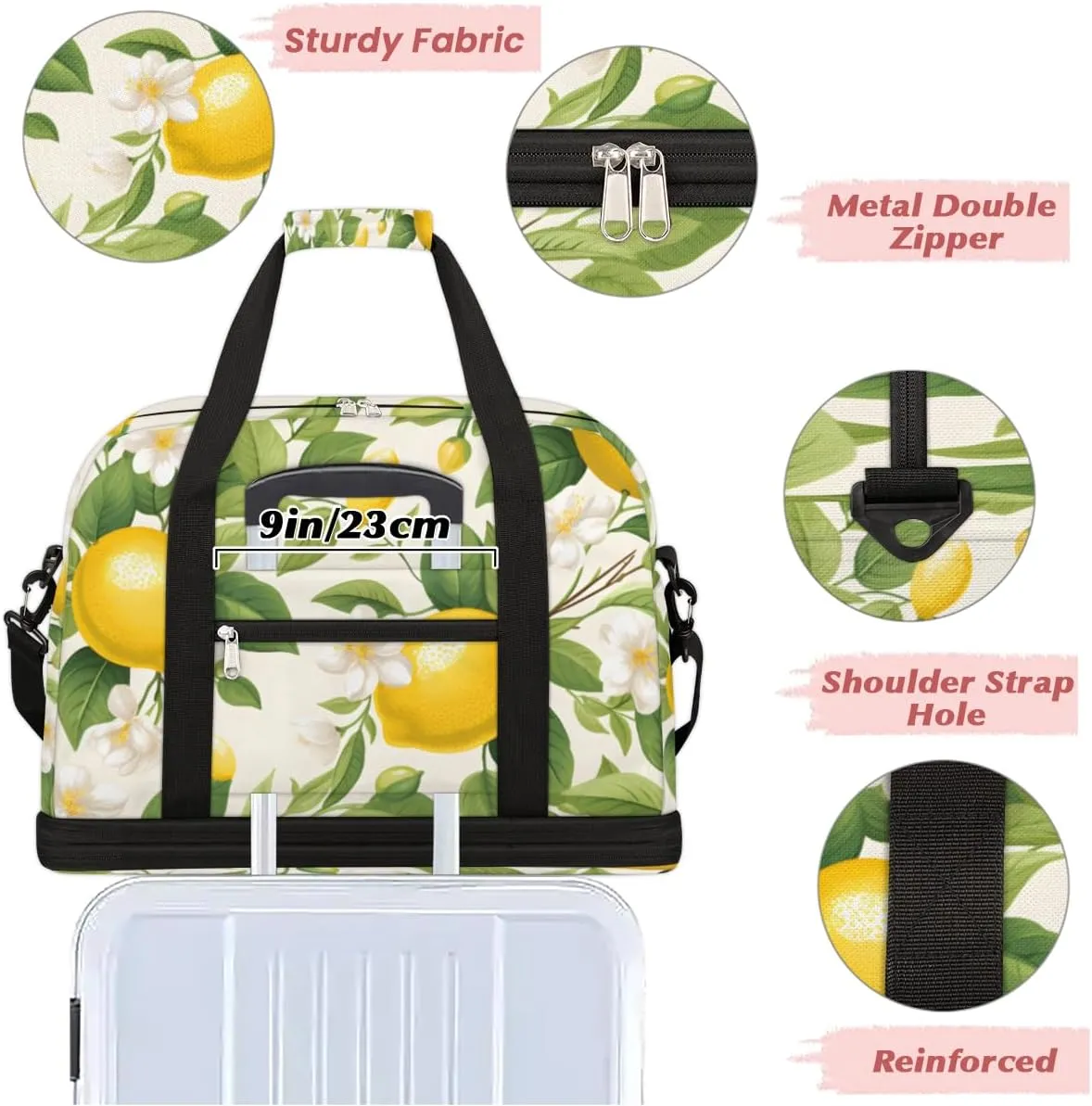Lemon Summer Yellow Fruits Foldable Travel Duffel Bag Overnight Weekender Bag with Shoes Compartment Sports Gym Bag for Men Women