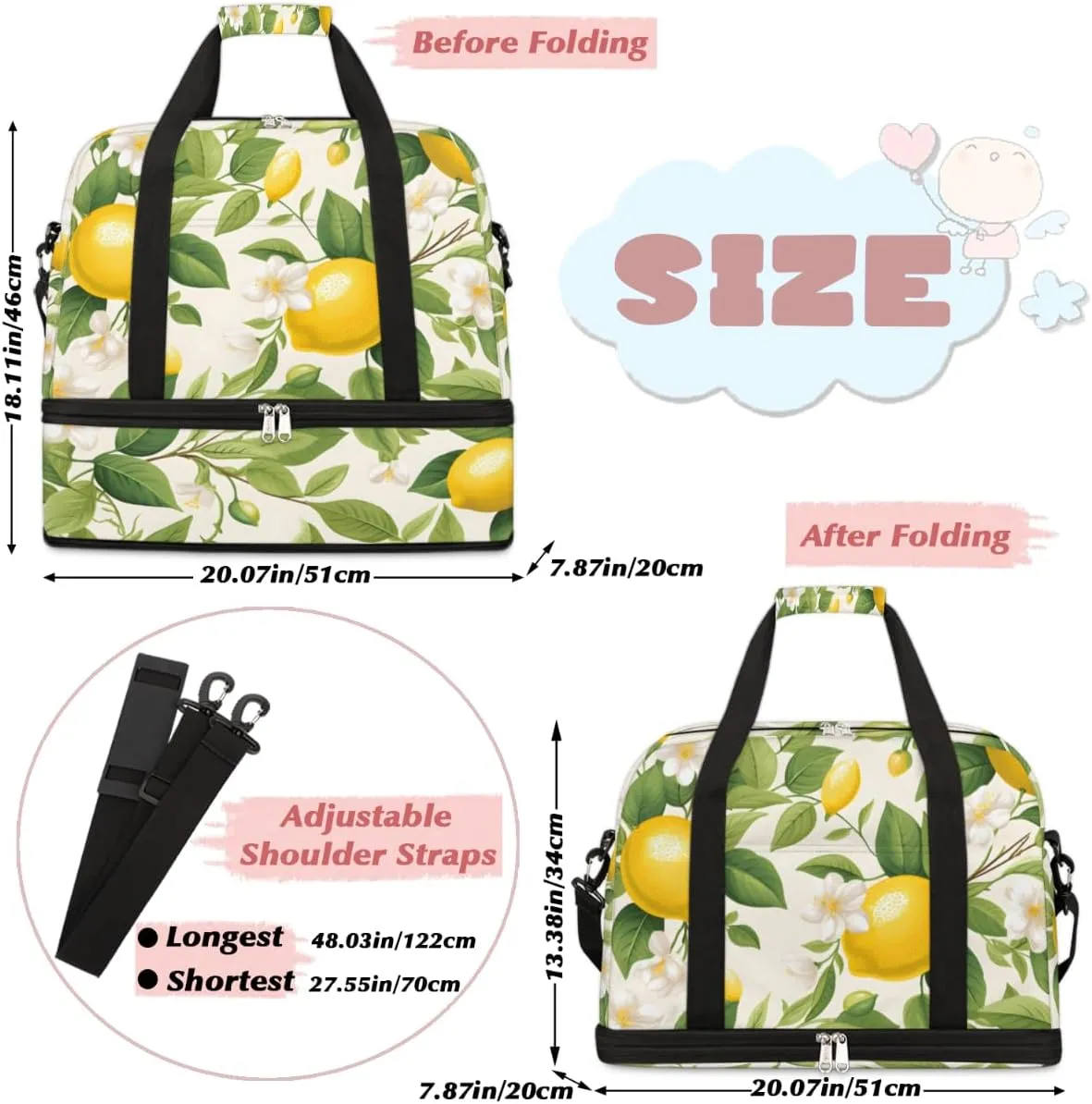 Lemon Summer Yellow Fruits Foldable Travel Duffel Bag Overnight Weekender Bag with Shoes Compartment Sports Gym Bag for Men Women