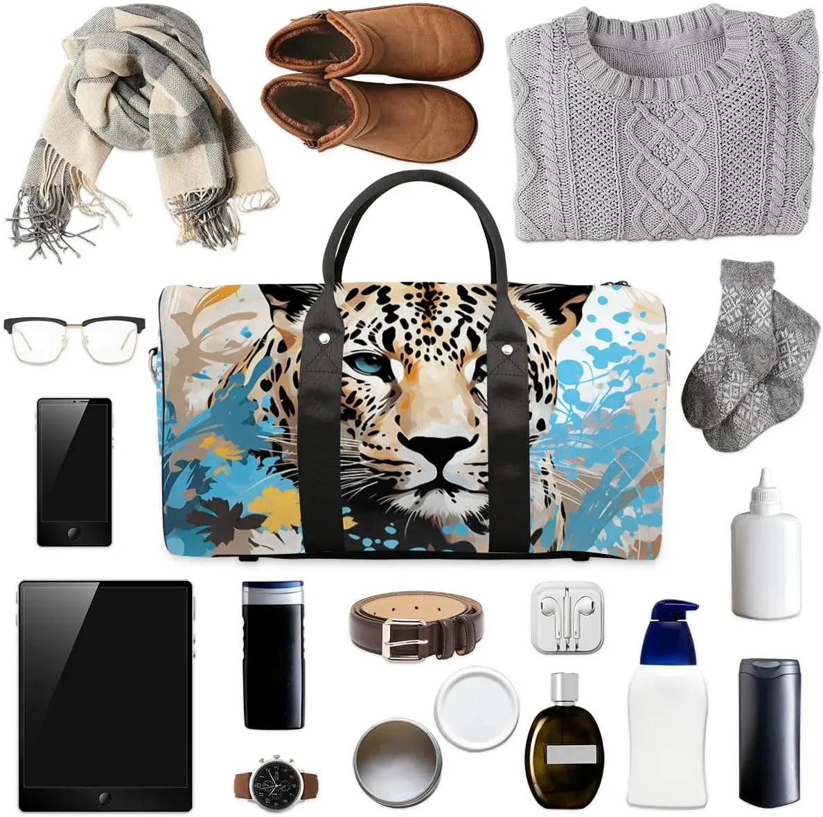 Leopard Animal Travel Duffel Bag for Women Men Waterproof Foldable Overnight Weekender Bag Large Capacity Sports Gym Bag